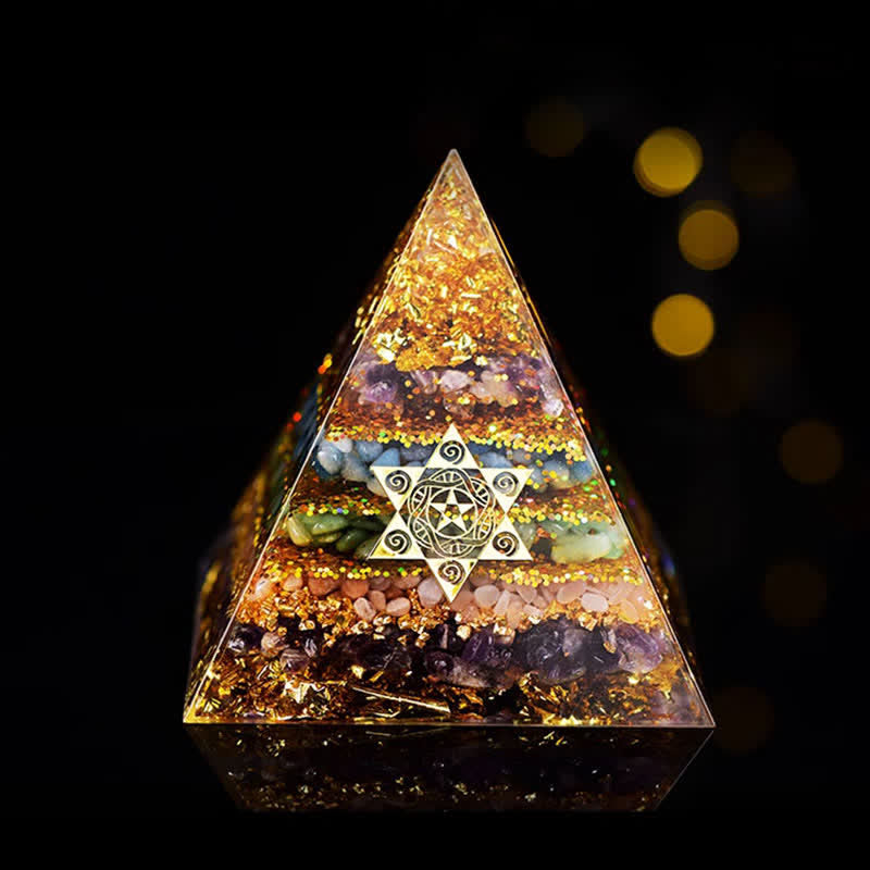 Pirámide de orgón con cubo de Metatrón de piedra natural de Olivenorma