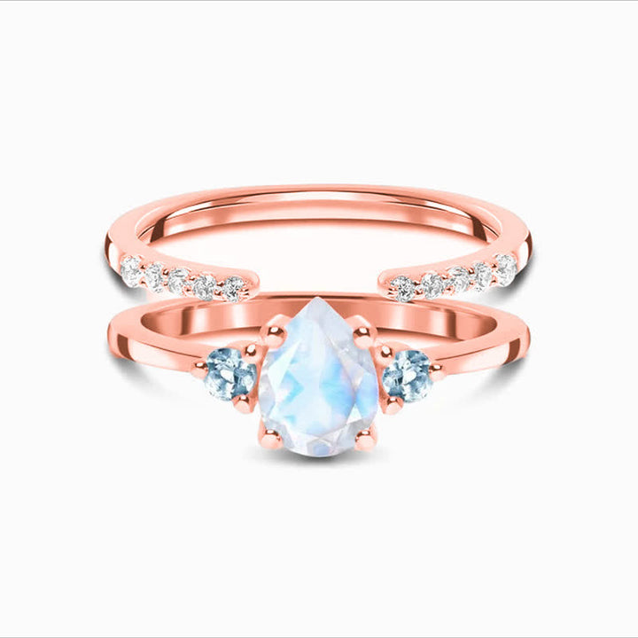 Anillo doble de piedra lunar con circón blanco y gota de agua de Olivenorma