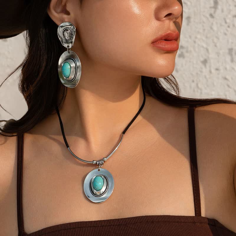 Pendientes y collar con colgante exagerado de turquesa natural de Olivenorma