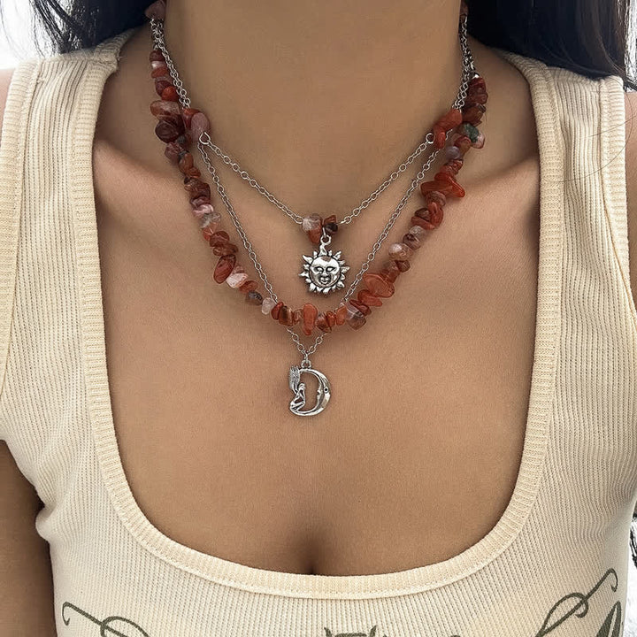 Collar con forma de sol y árbol de la vida con cuentas de grava étnicas de Olivenorma