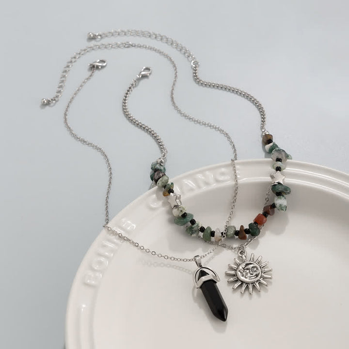 Collar con forma de sol y árbol de la vida con cuentas de grava étnicas de Olivenorma