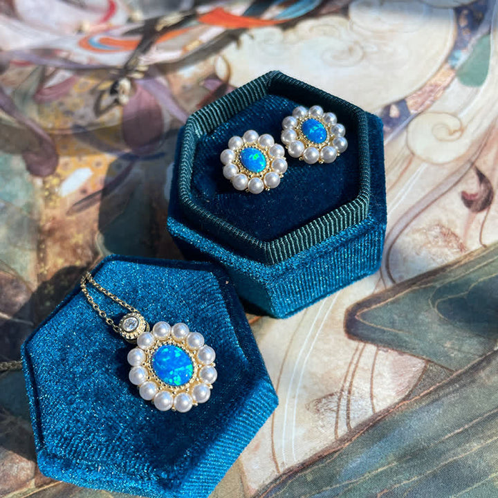 Conjunto de joyas con colgante de girasol y perla de agua dulce con ópalo azul de Olivenorma