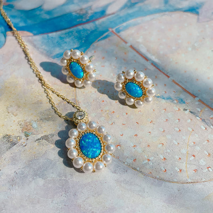 Conjunto de joyas con colgante de girasol y perla de agua dulce con ópalo azul de Olivenorma