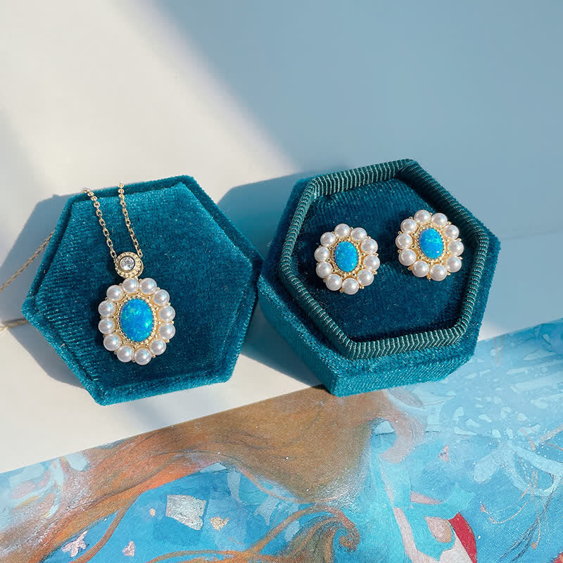 Conjunto de joyas con colgante de girasol y perla de agua dulce con ópalo azul de Olivenorma