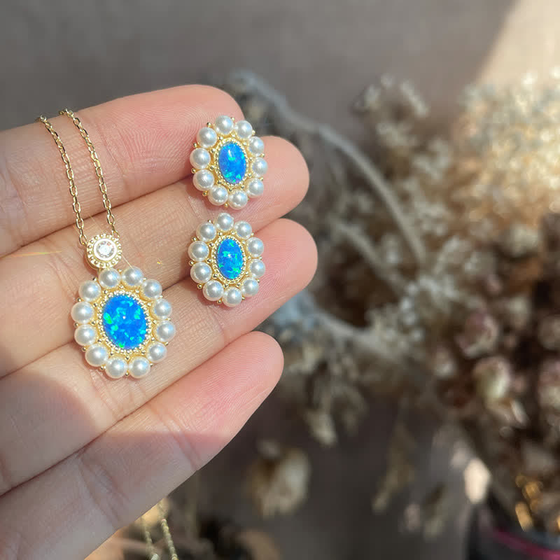 Conjunto de joyas con colgante de girasol y perla de agua dulce con ópalo azul de Olivenorma