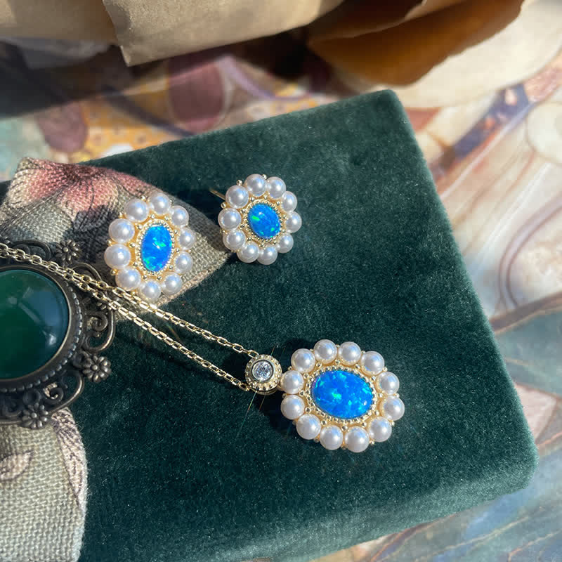 Conjunto de joyas con colgante de girasol y perla de agua dulce con ópalo azul de Olivenorma