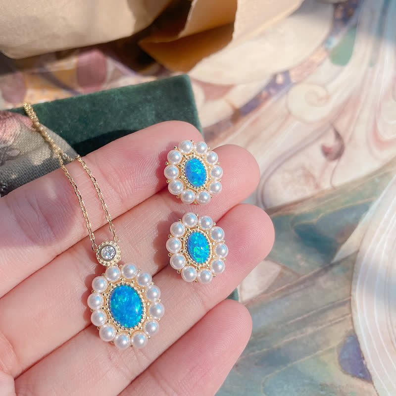 Conjunto de joyas con colgante de girasol y perla de agua dulce con ópalo azul de Olivenorma
