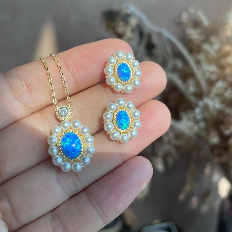 Conjunto de joyas con colgante de girasol y perla de agua dulce con ópalo azul de Olivenorma