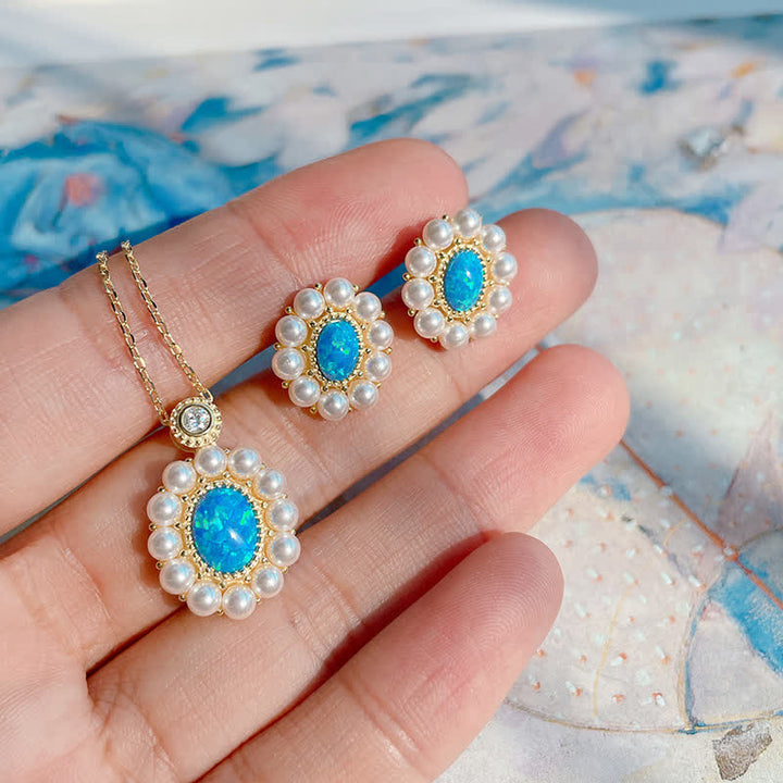 Conjunto de joyas con colgante de girasol y perla de agua dulce con ópalo azul de Olivenorma