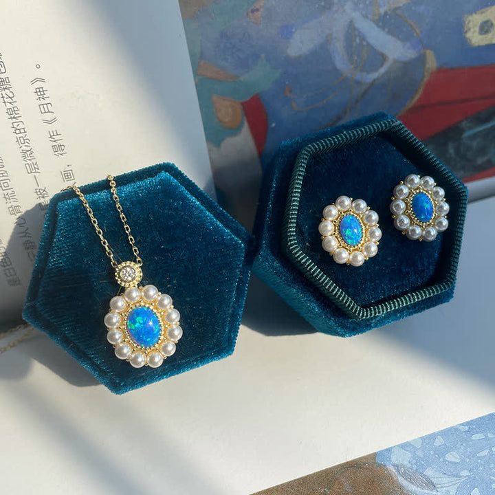 Conjunto de joyas con colgante de girasol y perla de agua dulce con ópalo azul de Olivenorma