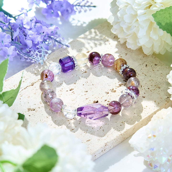 Pulsera de cadena de metal con cuentas de cristal transparente de amatista de Olivenorma 