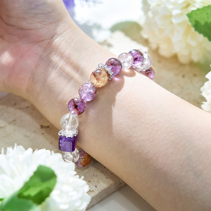 Pulsera de cadena de metal con cuentas de cristal transparente de amatista de Olivenorma 