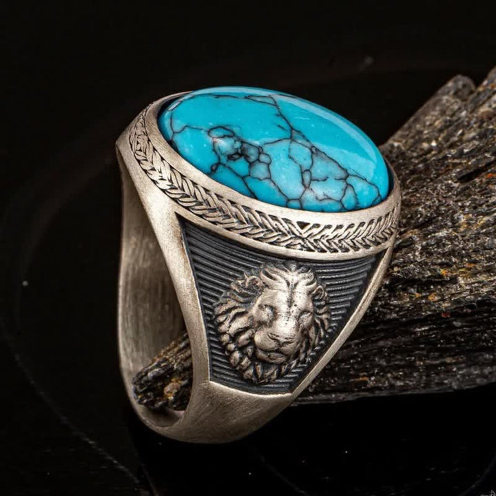 Anillo Olivenorma con león alado turquesa ovalado para hombre