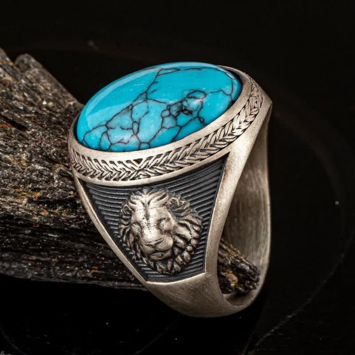Anillo Olivenorma con león alado turquesa ovalado para hombre