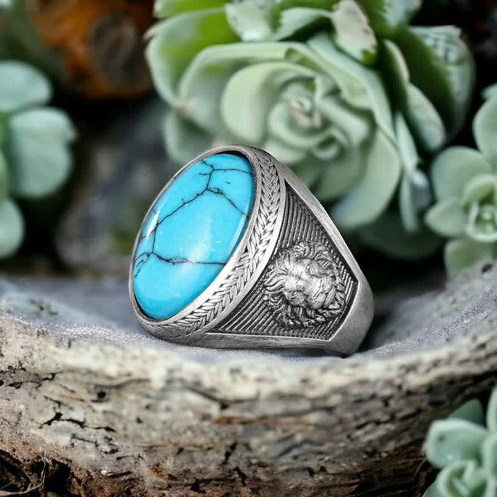 Anillo Olivenorma con león alado turquesa ovalado para hombre