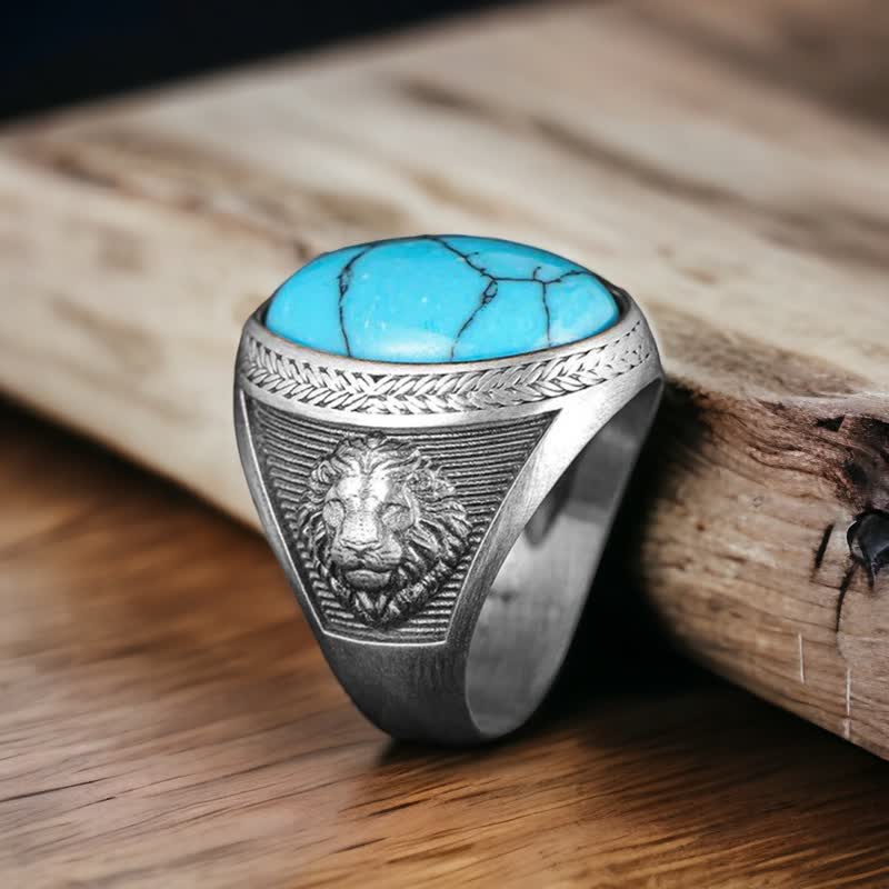 Anillo Olivenorma con león alado turquesa ovalado para hombre