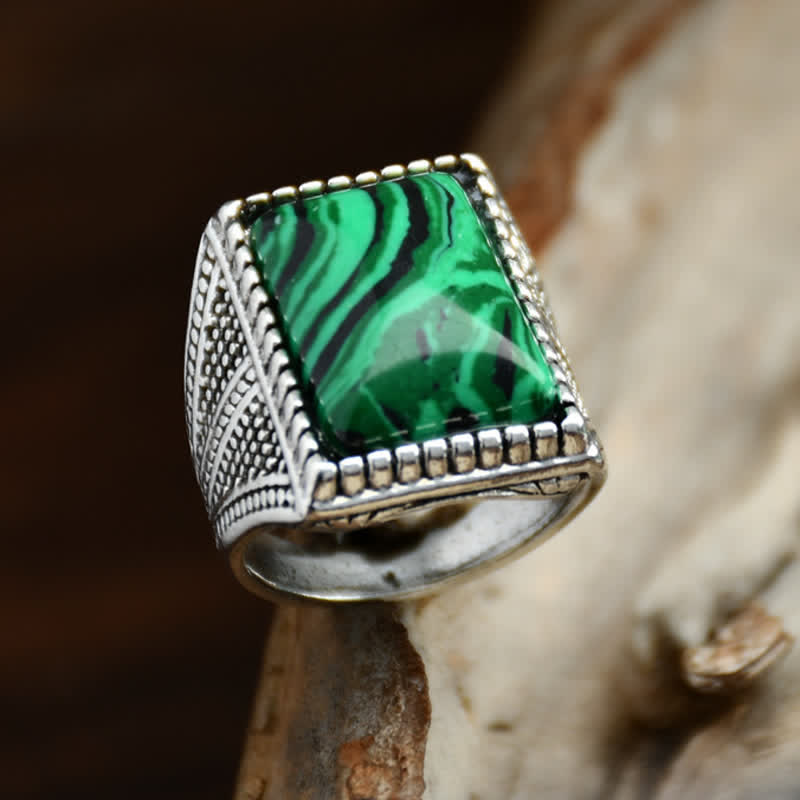 Anillo de plata antigua para hombre con malaquita cuadrada de Olivenorma