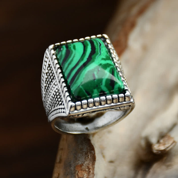 Anillo de plata antigua para hombre con malaquita cuadrada de Olivenorma