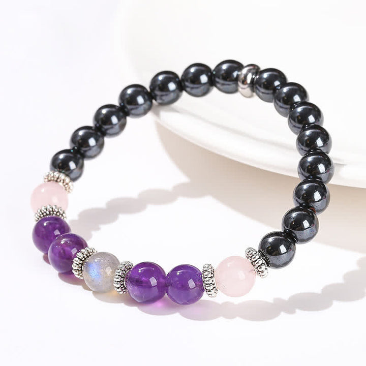 Pulsera de cuentas de amatista, hematita, cuarzo rosa y labradorita de Olivenorma