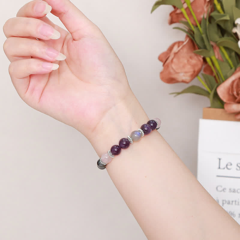 Pulsera de cuentas de amatista, hematita, cuarzo rosa y labradorita de Olivenorma