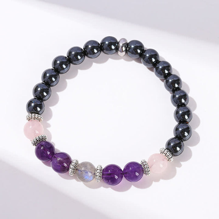 Pulsera de cuentas de amatista, hematita, cuarzo rosa y labradorita de Olivenorma