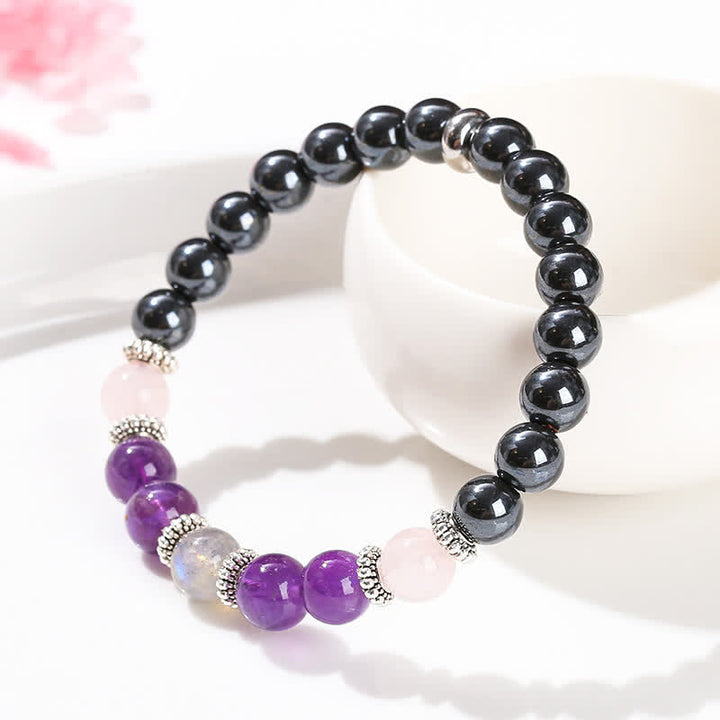 Pulsera de cuentas de amatista, hematita, cuarzo rosa y labradorita de Olivenorma