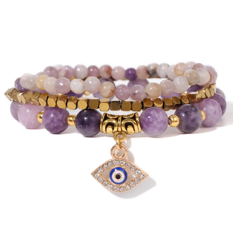 Juego de pulseras con colgante de ojo malvado y cuentas de piedra natural de Olivenorma 
