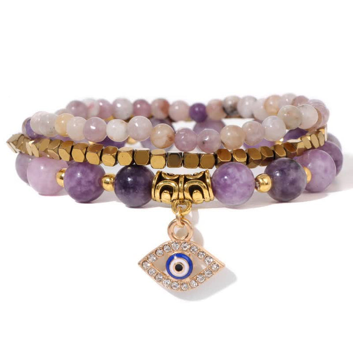 Juego de pulseras con colgante de ojo malvado y cuentas de piedra natural de Olivenorma 