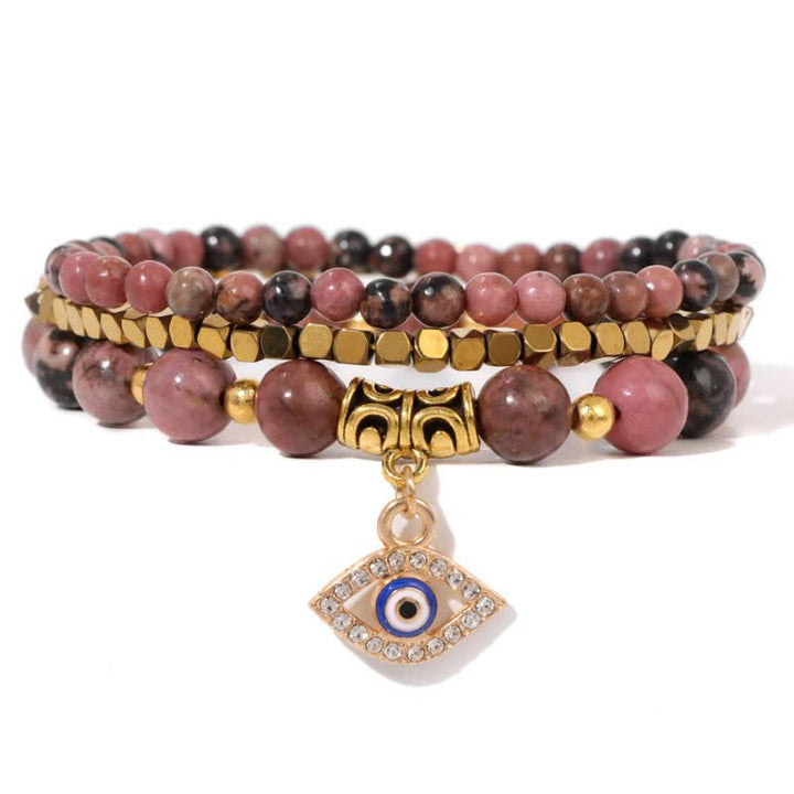 Juego de pulseras con colgante de ojo malvado y cuentas de piedra natural de Olivenorma 