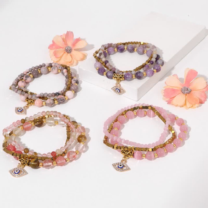 Juego de pulseras con colgante de ojo malvado y cuentas de piedra natural de Olivenorma 