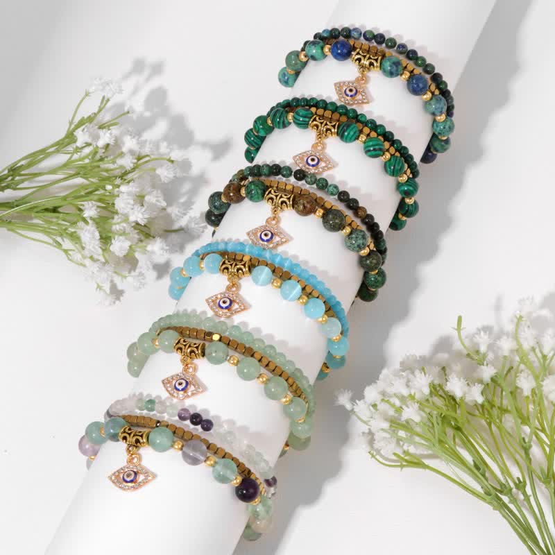 Juego de pulseras con colgante de ojo malvado y cuentas de piedra natural de Olivenorma 