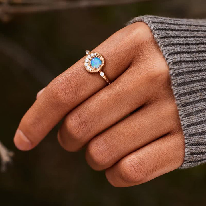 Anillo de plata de ley S925 con luna y planeta de ópalo de Olivenorma