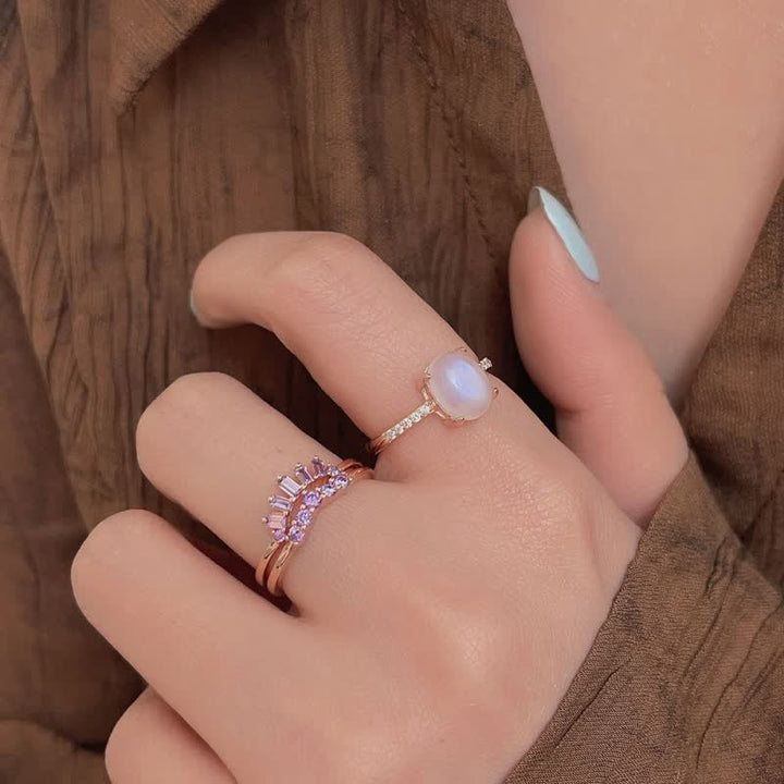 Anillo triple de piedra lunar natural con circonita morada de Olivenorma