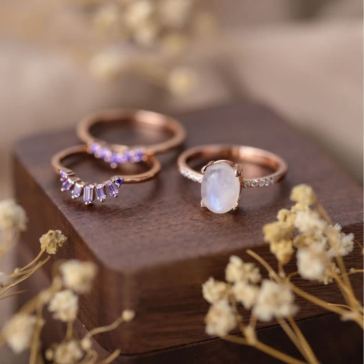 Anillo triple de piedra lunar natural con circonita morada de Olivenorma