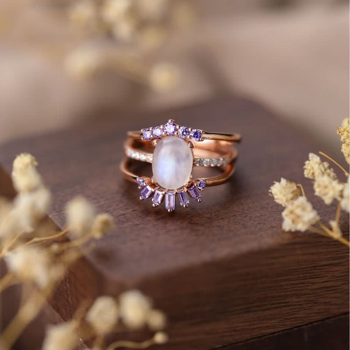 Anillo triple de piedra lunar natural con circonita morada de Olivenorma
