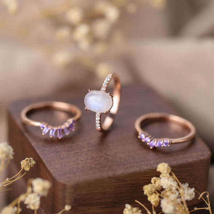 Anillo triple de piedra lunar natural con circonita morada de Olivenorma