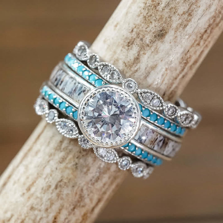 Anillo triple de circonitas blancas y turquesas bohemias de Olivenorma