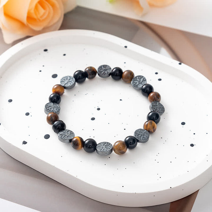 Pulsera de cuentas con placa de metal y árbol de la vida de piedra natural de Olivenorma 