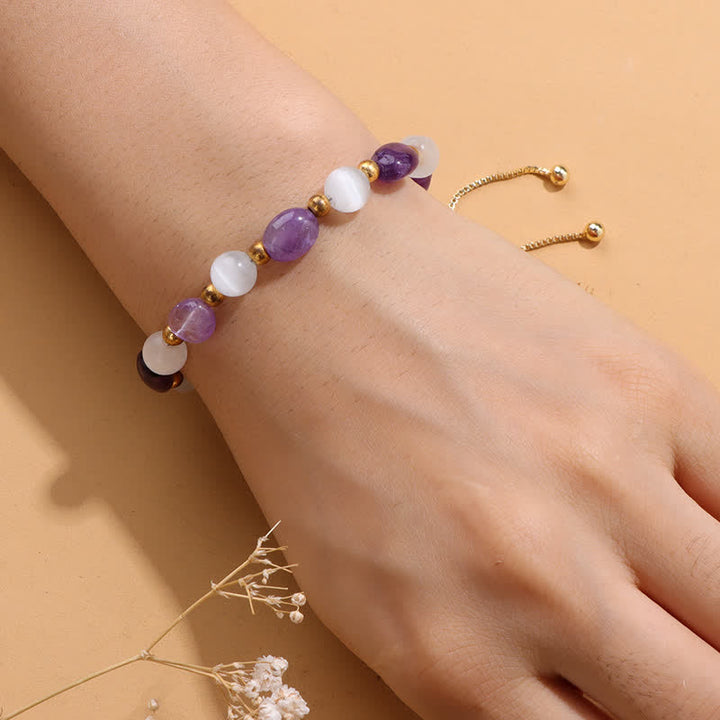 Pulsera de cuentas de cristal irregulares naturales con piedra de ojo de gato de Olivenorma 