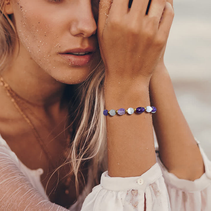 Pulsera de cuentas de cristal irregulares naturales con piedra de ojo de gato de Olivenorma 