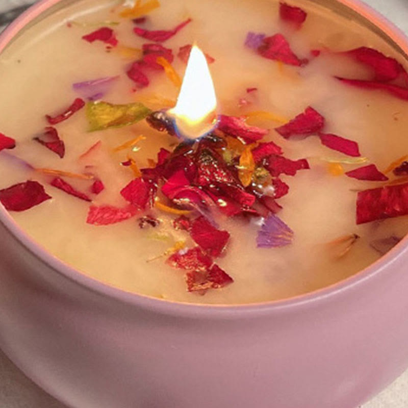Vela de soja con flores secas naturales de Olivenorma, aromaterapia de cristal