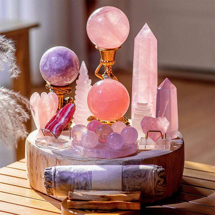Matriz de cristales energéticos de amor y confianza de cuarzo rosa Olivenorma