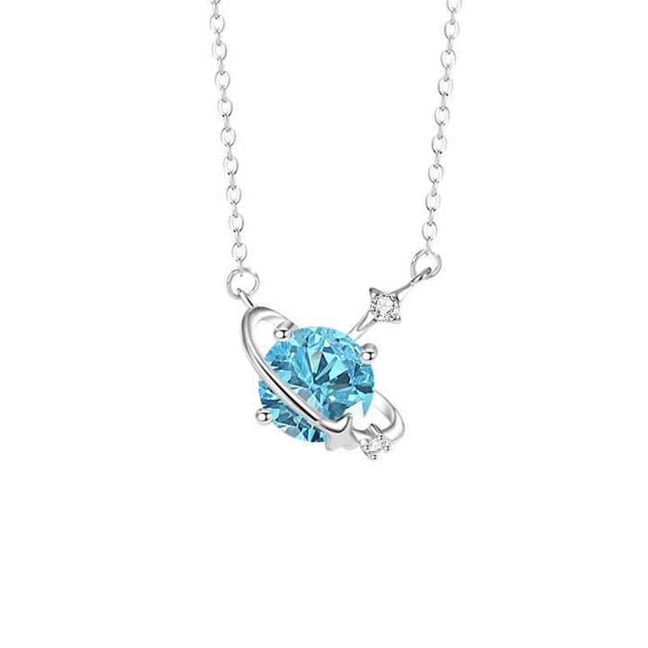 Collar de plata de ley con colgante de planeta con piedra natal y circonita coloreada de Olivenorma