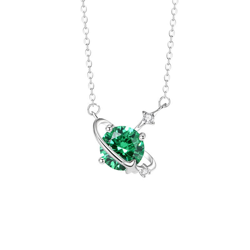 Collar de plata de ley con colgante de planeta con piedra natal y circonita coloreada de Olivenorma