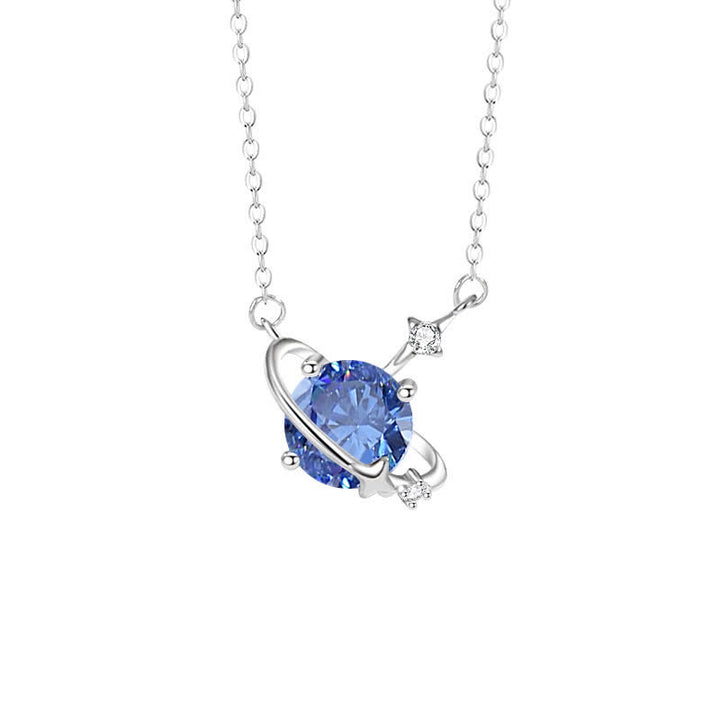 Collar de plata de ley con colgante de planeta con piedra natal y circonita coloreada de Olivenorma