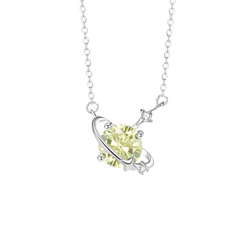 Collar de plata de ley con colgante de planeta con piedra natal y circonita coloreada de Olivenorma