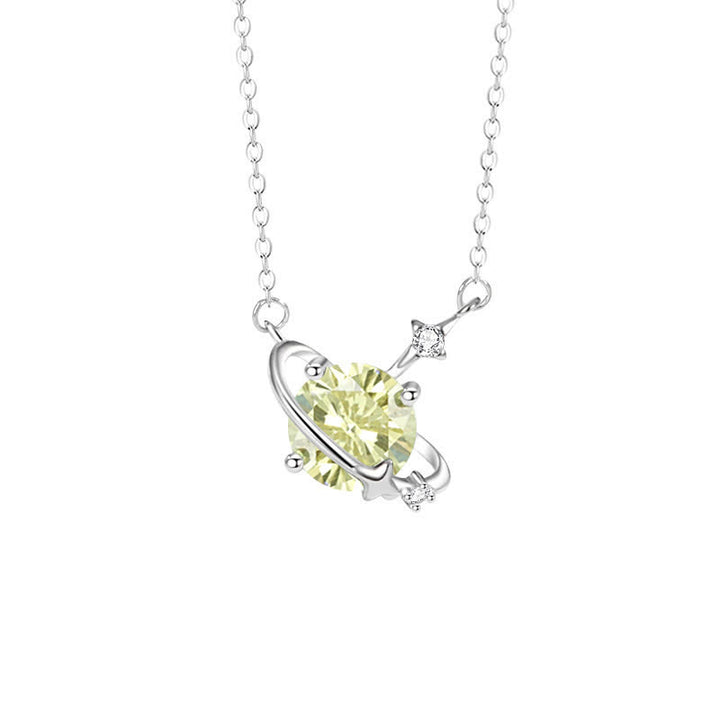 Collar de plata de ley con colgante de planeta con piedra natal y circonita coloreada de Olivenorma