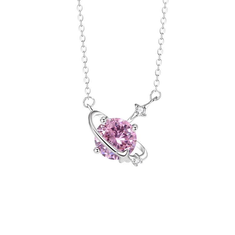 Collar de plata de ley con colgante de planeta con piedra natal y circonita coloreada de Olivenorma