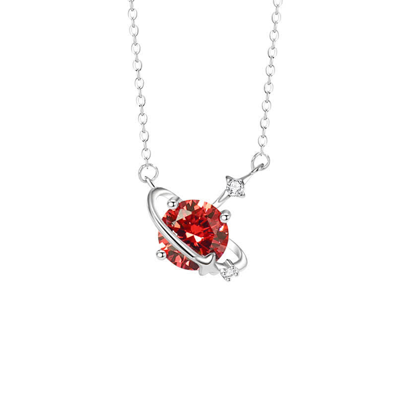 Collar de plata de ley con colgante de planeta con piedra natal y circonita coloreada de Olivenorma