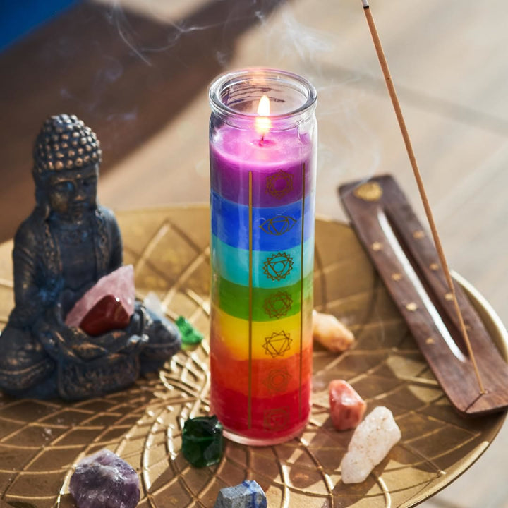 Vela devocional de los 7 chakras de Olivenorma con frasco transparente